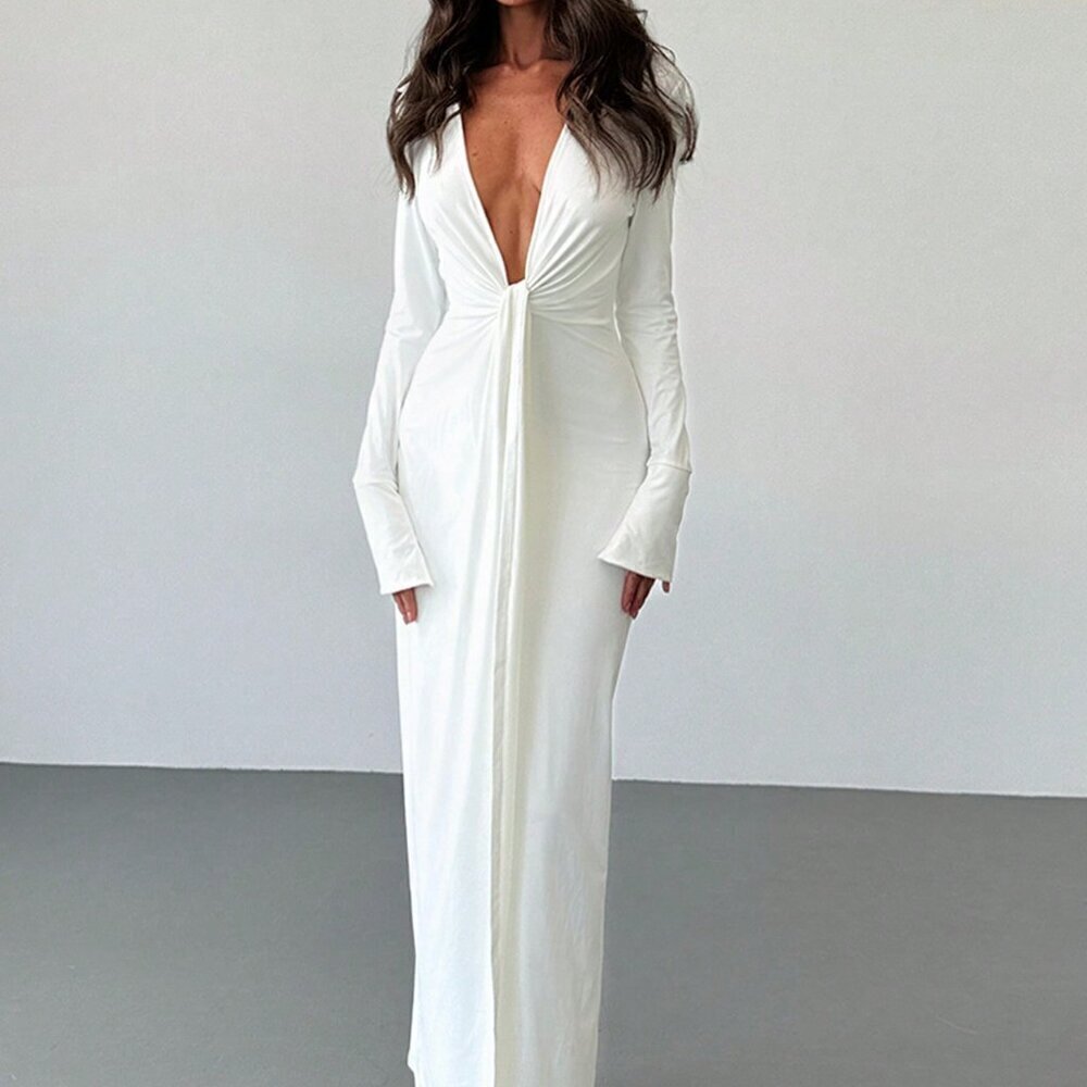 White Sexy Women's Shirt Collar Deep V Twist Split Slim Fit Extra-Long Dress - Picture 5 of 7